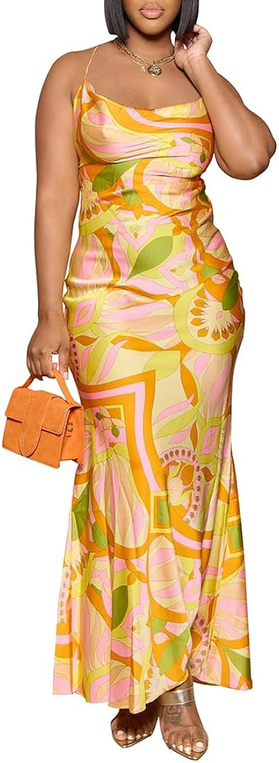 Women's Spaghetti Strap Satin Dress Sexy Backless Drawstring Ruched Split Hem Cocktail Evening Pa... | Amazon (US)