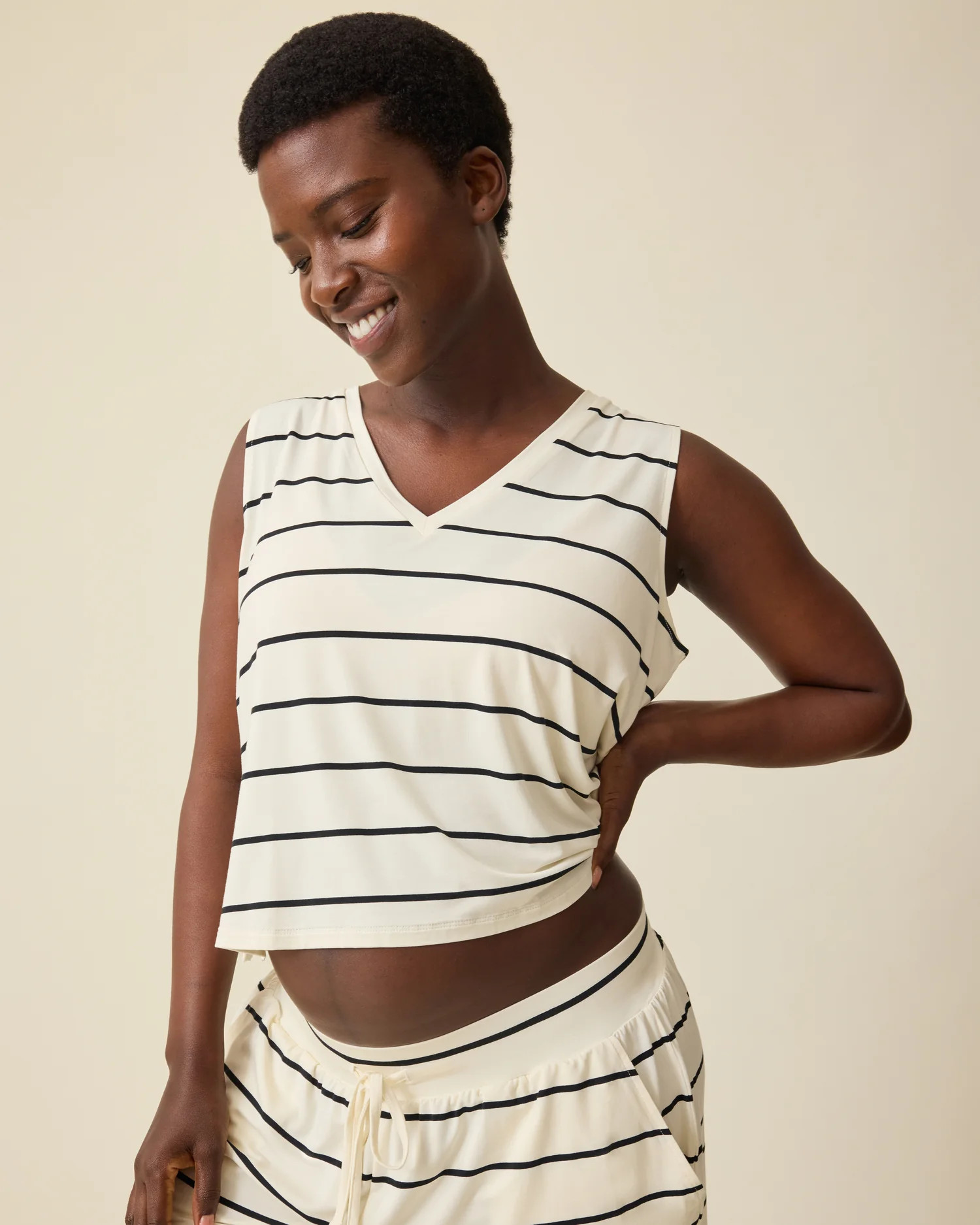Aria Bamboo Cropped V-neck Tank | White & Black Stripe - Kindred Bravely | Kindred Bravely