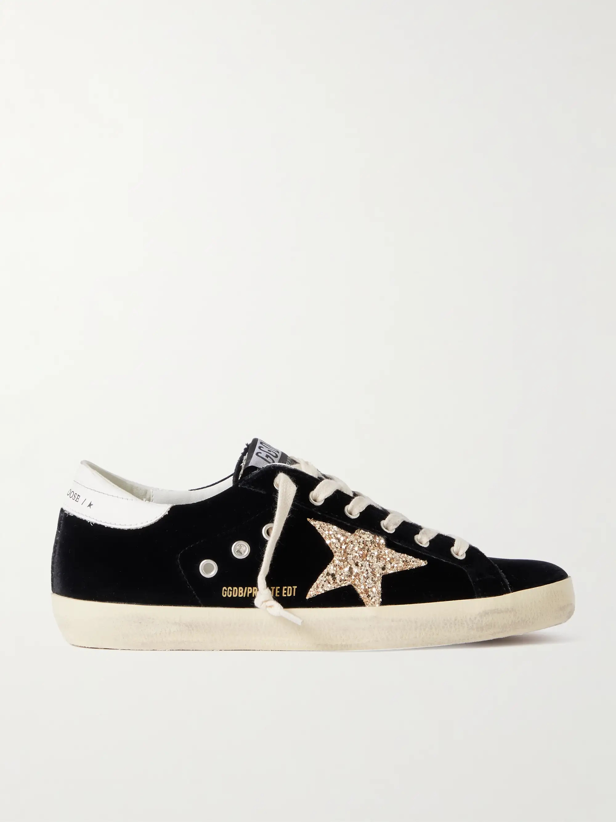 GOLDEN GOOSE Super-Star eyelet-embellished distressed glittered leather and velvet sneakers | NET... | NET-A-PORTER (US)