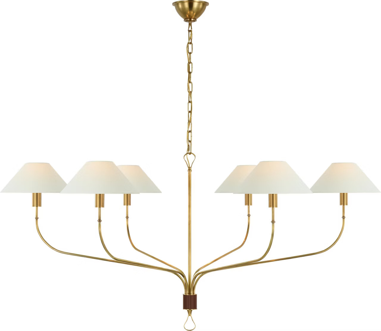 Griffin Extra Large Tail Chandelier in Hand-Rubbed Antique Brass and Saddle Leather with Linen ShadesVisual Comfort | Visual Comfort