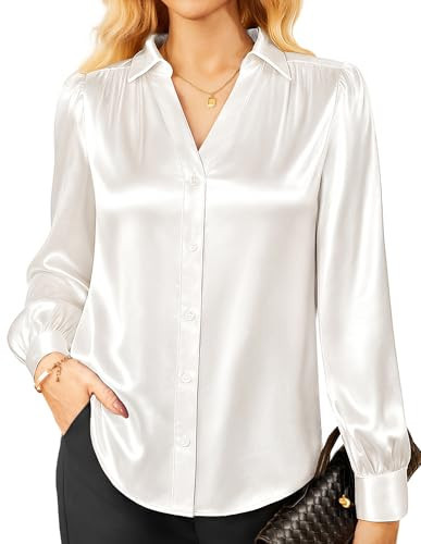Women's Satin Button Down Shirts Long Sleeves Silk Dress Shirts Business Casual Silk Top for Work White S | Amazon (US)
