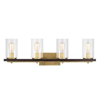 Boswell Quarter 4-Light Vintage Brass Vanity Light with Black Distressed Wood Accents | The Home Depot