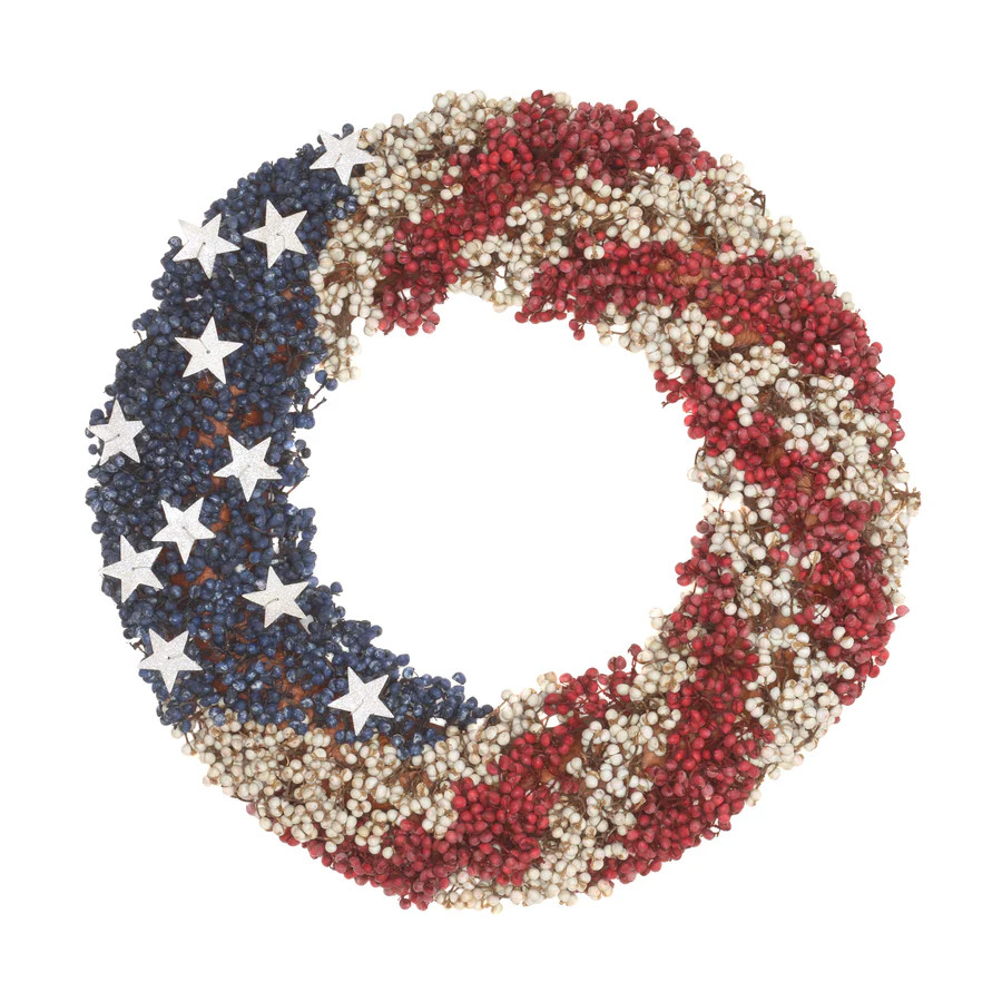 19 in. Patriotic Wreath with Red White and Blue Berry Clusters White Stars | National Tree Company