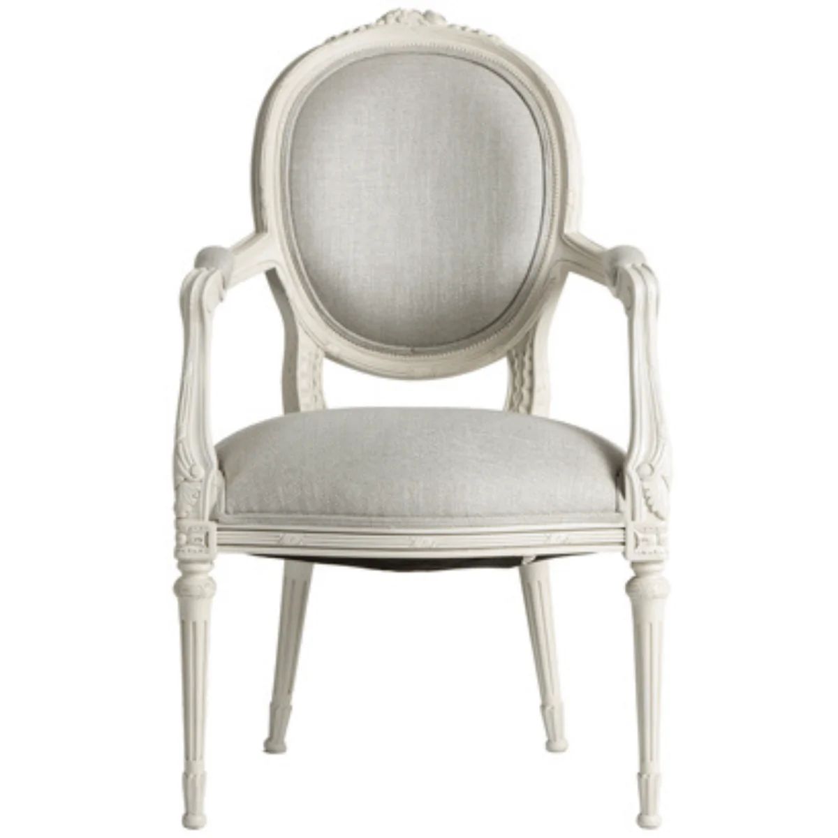 French Style Hand-Carved Arm Chair With Grey Linen Upholstery | The Well Appointed House, LLC