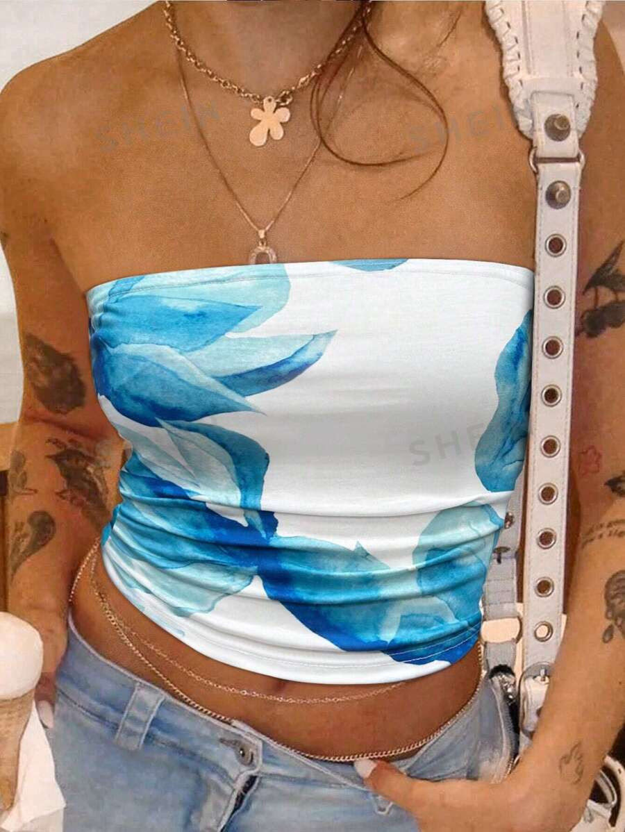 SHEIN EZwear Y2K Summer Short Floral Printed Slim Fit Strapless Top SKU: sz2406039887884074





... | SHEIN