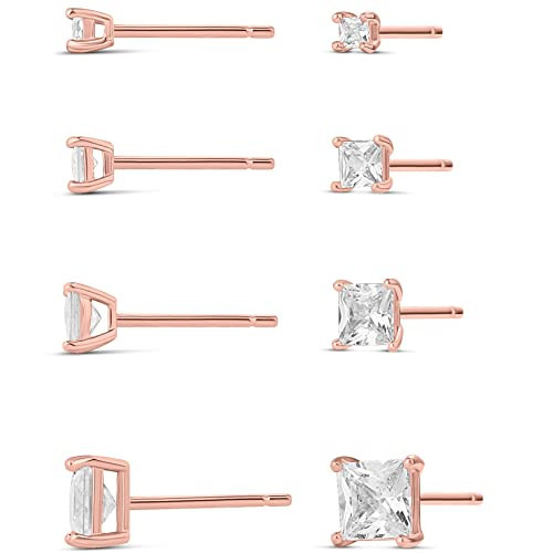 Amazon Essentials 14K Gold Plated Sterling Silver Princess CZ Stud Set 2 mm/3 mm/4 mm/5 mm Princess, Rose Gold | Amazon (US)