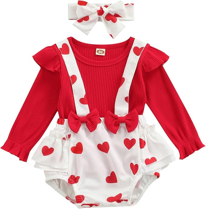 CIYCUIT Baby Girl Valentines Day Outfit Ruffle Ribbed Knit Top Heart Print Bow Suspender Shorts H... | Amazon (US)