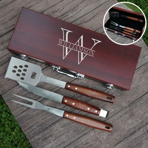 Personalized BBQ Tool Set Engraved with Print or Script Overlapping Design Option (Each w/ Three ... | Etsy (US)
