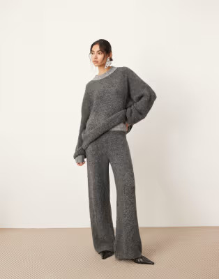 ASOS EDITION boucle knit oversized jumper with contrast neck and wide leg trouser in charcoal | ASOS (Global)