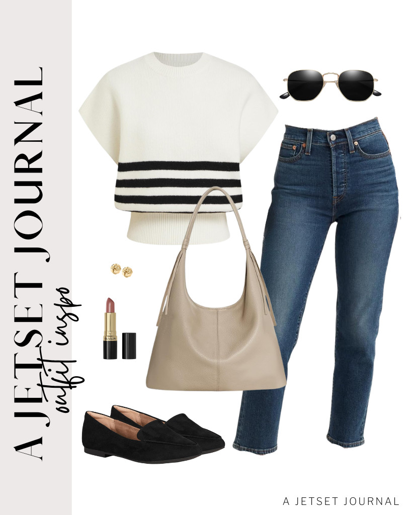 For your first outfit, wear this CIDER cap-sleeve sweater with Levi’s Wedgie Straight jeans. You can wear these loafers from Amazon Essentials to match the fit, then carry this trendy befen leather slouchy purse. These SOJOS polarized sunnies are perfect for this look, too!

#LTKSeasonal #LTKSaleAlert #LTKTravel
 

 