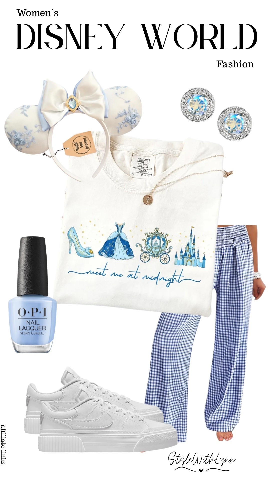 A soft and magical blue-and-white look perfect for a park day! 🏰💙
Linking these dreamy embroidered Minnie ears, “meet me at midnight” tee, gingham pants, sparkly studs, the prettiest powder-blue polish, and stylish white sneakers.

#DisneyStyle #DisneyWorldOutfit #CinderellaVibes #ParkDayStyle #LTKStyle #OOTD

#LTKTravel #LTKmomlife #LTKootd
