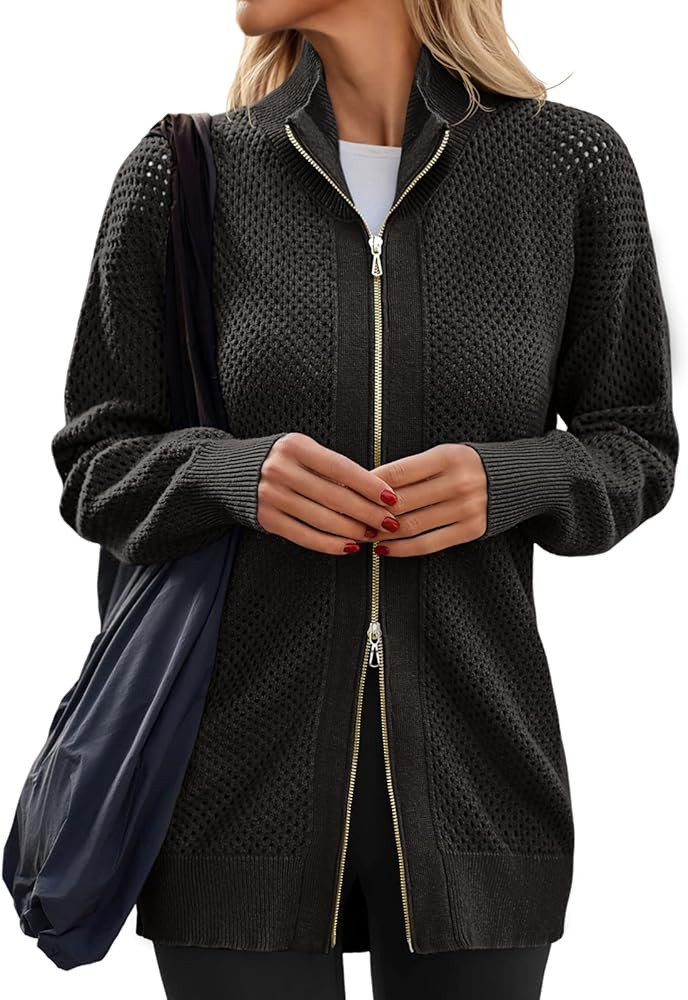 Women's Turtleneck Zip Up Cardigan Sweaters Oversized Drop Shoulder Long Sleeve Casual Solid Mesh... | Amazon (US)