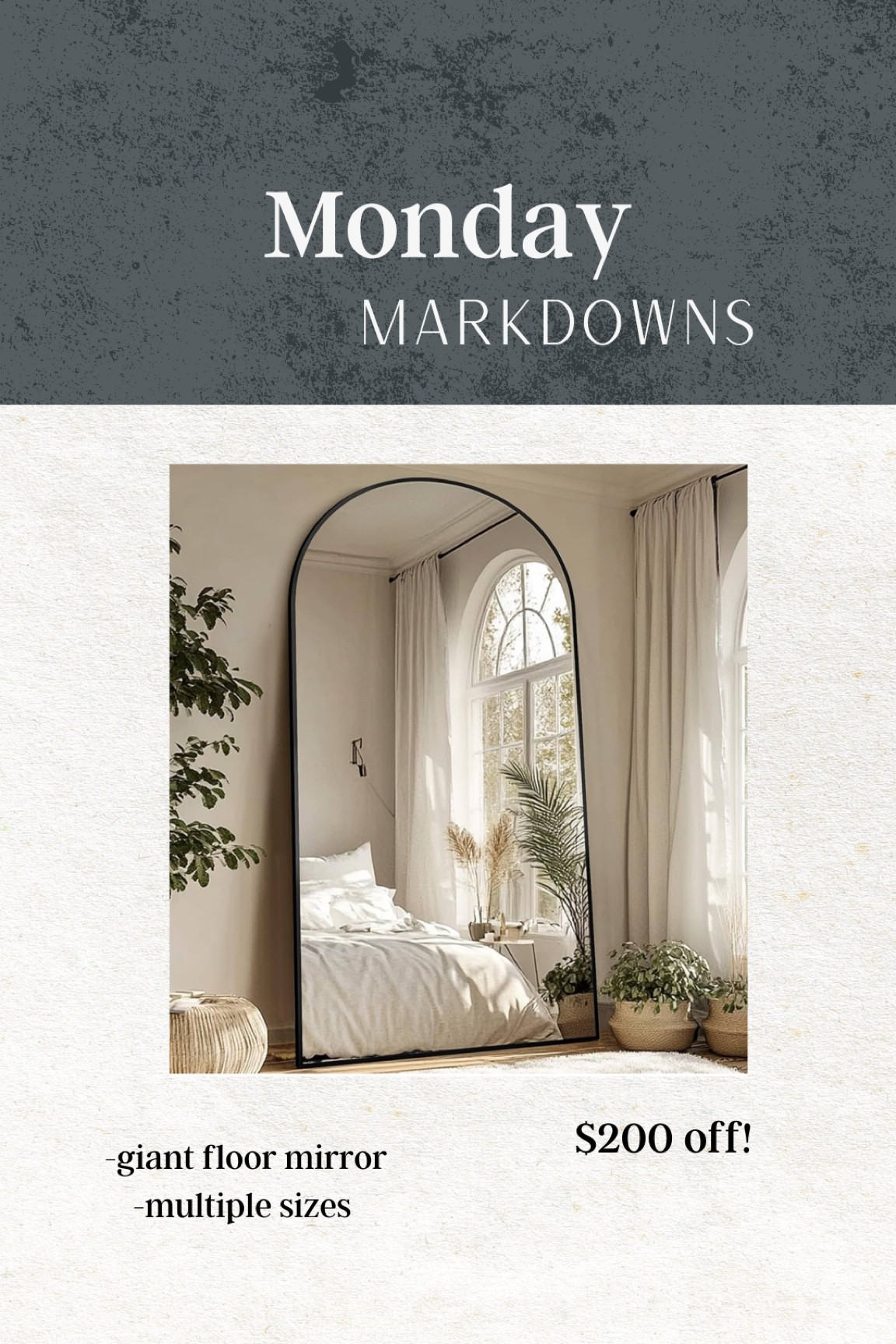 Beautiful, arched floor mirror on major sale!

Comes in a gold finish, as well as black. 
 



#LTKHome
