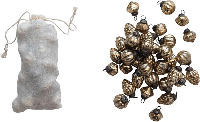 Creative Co-Op Embossed Mercury Glass Ornaments in Muslin Bag, Antique Gold Finish, Set of 36 | Amazon (US)
