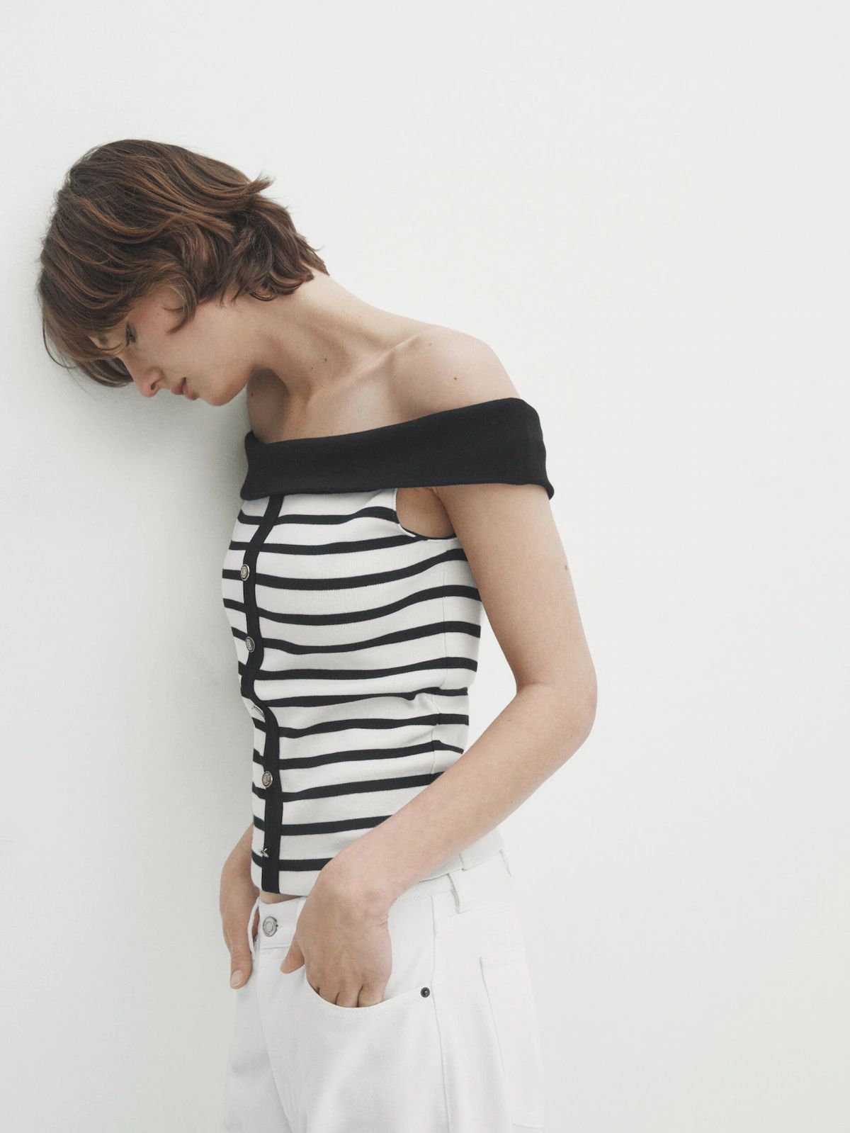 Striped top with buttons and contrast boat neck | Massimo Dutti UK