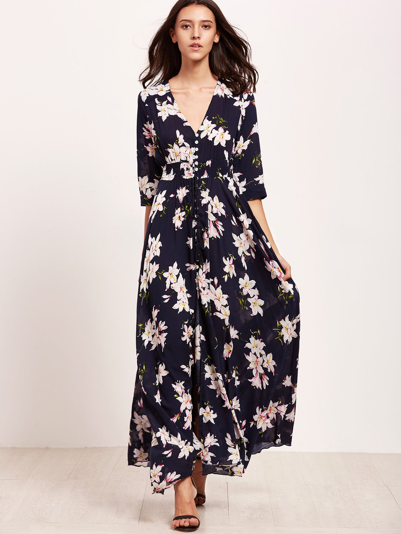 Navy Floral Print V Neck Drawstring Button Dress | SHEIN