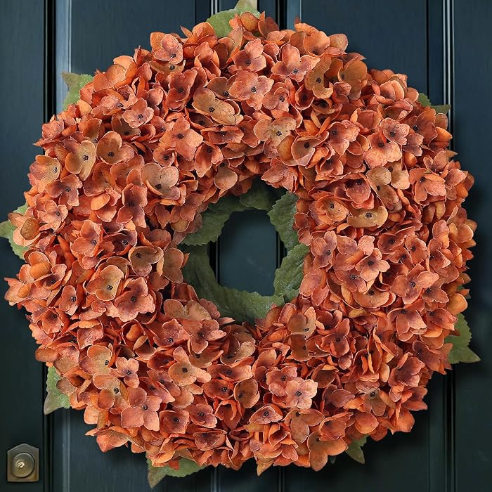 21" Artificial Fall Hydrangea Flower Wreath for Front Door Decor(Orange) | Amazon (US)