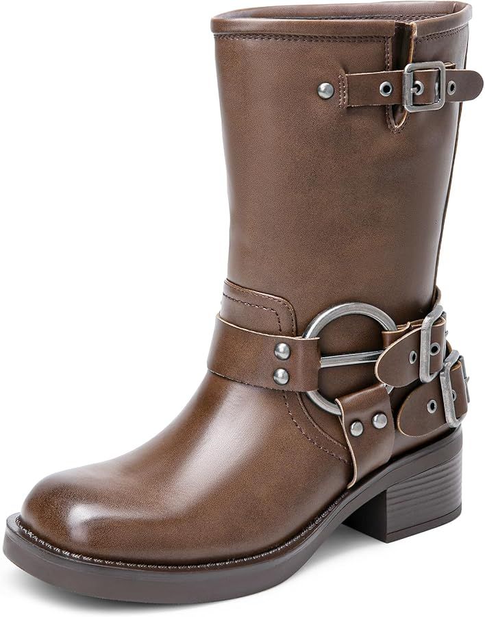 DREAM PAIRS Mid Calf Boots for Women, Square Toe Motorcycle Boots with Buckles, Women's Biker Boo... | Amazon (US)