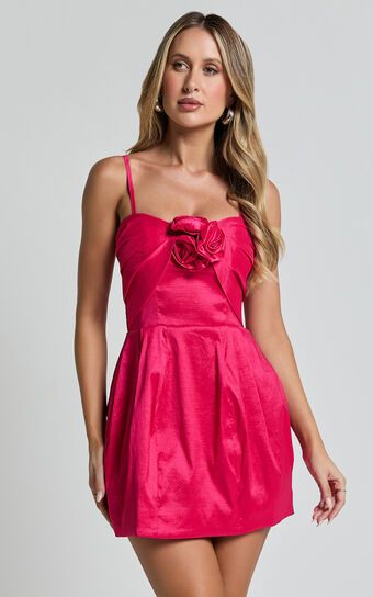 Amberle Mini Dress - Strappy Rosette Detail Bodice Dress in Raspberry | Showpo (US, UK & Europe)