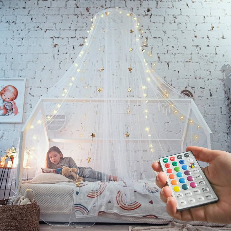 Bed Canopy with Lights, White Canopy Bed, Bed Canopy for Girls Room, Princess Bed Canopy | Single... | Amazon (US)