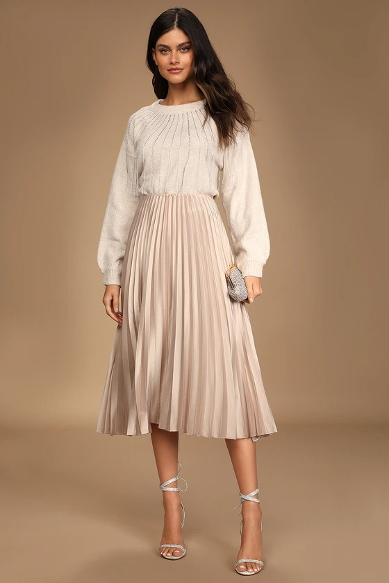Pleat and Greet Champagne Pleated Satin Midi Skirt | Lulus (US)