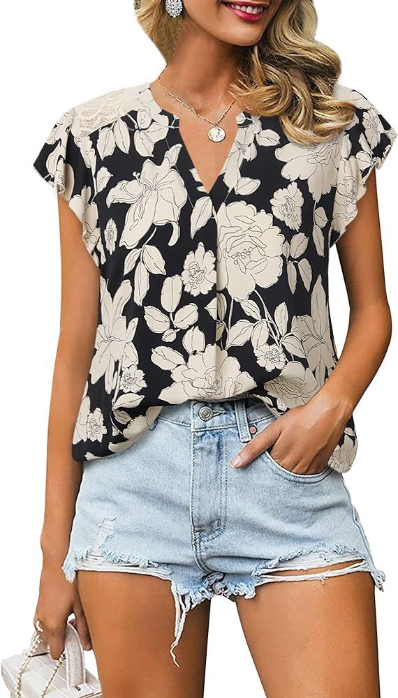 Gaharu Women's Notch V Neck Short Sleeve Chiffon Shirts Casual Lace Blouse Top | Amazon (US)