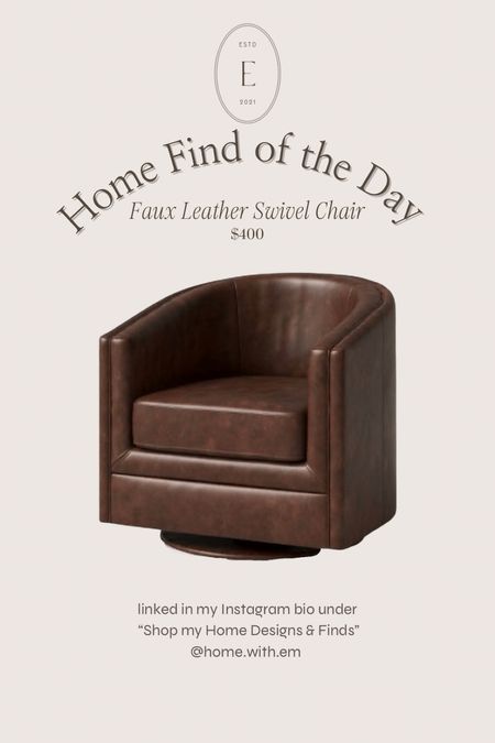 The Home Find of the Day today is an affordable faux leather accent chair that swivels! This accent chair is at such a good price point.

Interior design, home decor, furniture 

#homewithem #homefindoftheday #accentchair #leatherfurniture #leatherchair #fauxleather #swivelchair #livingroomfurniture #furniture 

#LTKfamily #LTKstyletip #LTKhome