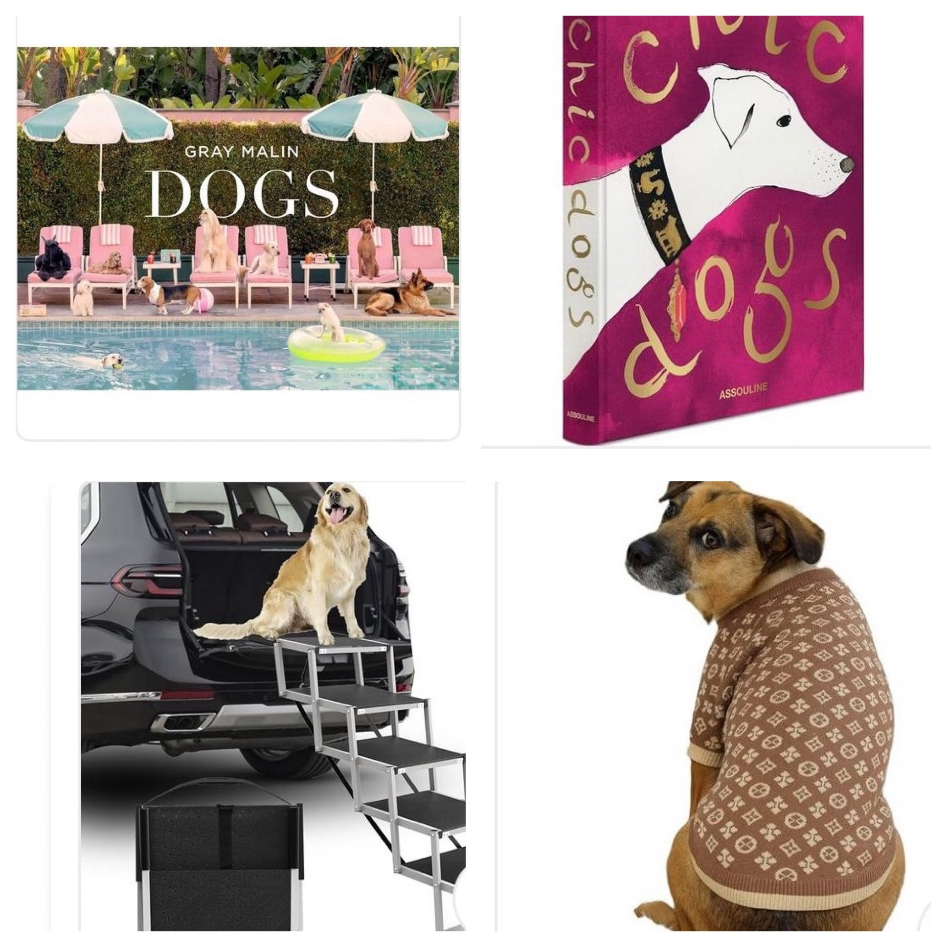 Chic Dog coffee table books 🐶

Wide travel doggy stairs go the car or for at home 🐾

Chic designer look doggy shirt 🦴
