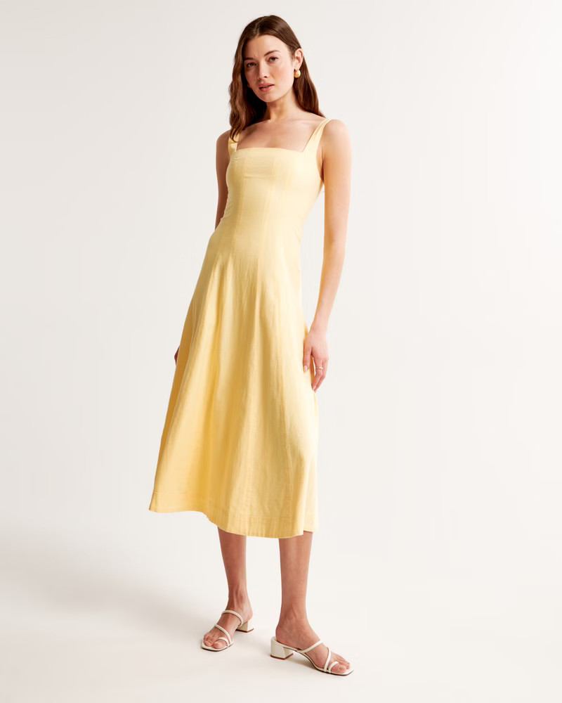 Seamed Linen-Blend Midi Dress | Abercrombie & Fitch (US)