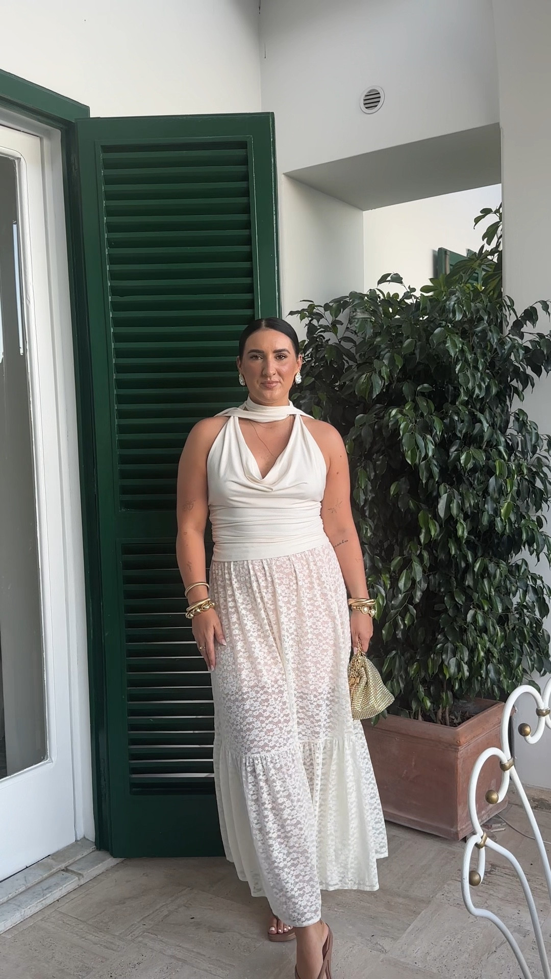 halter scarf top is Abercrombie, like the black one linked but couldn’t find it in this color. Linked a similar one on Amazon! Medium top and bottom  