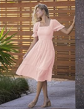 MEROKEETY Women's 2025 Summer Square Neck Puff Sleeve Boho Midi Dress Swiss Dot Ruffle Flowy Tie ... | Amazon (US)