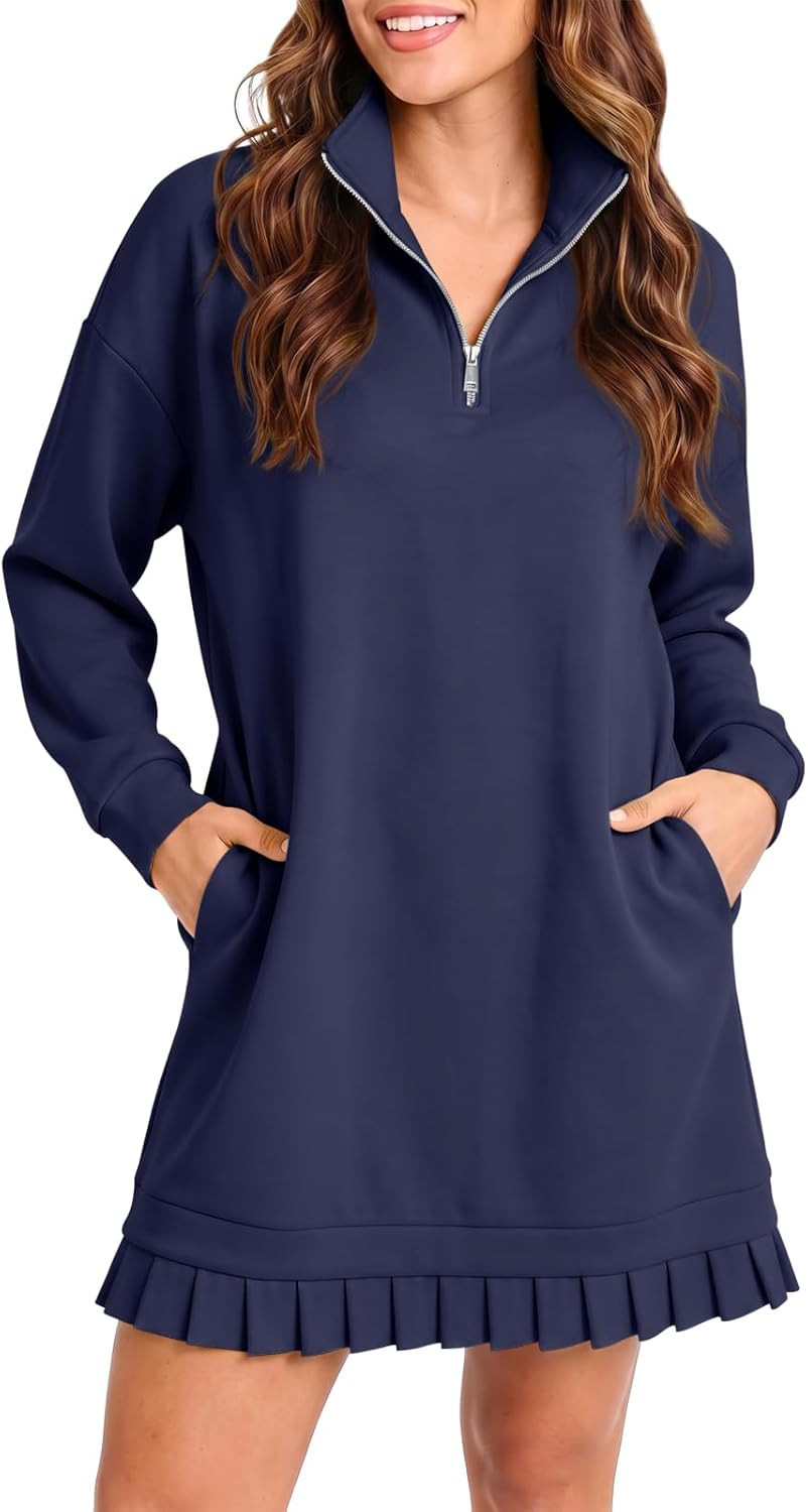 Fisoew Womens Casual Dress Half Zip Pleated Collared Sweatshirt Dresses | Amazon (US)