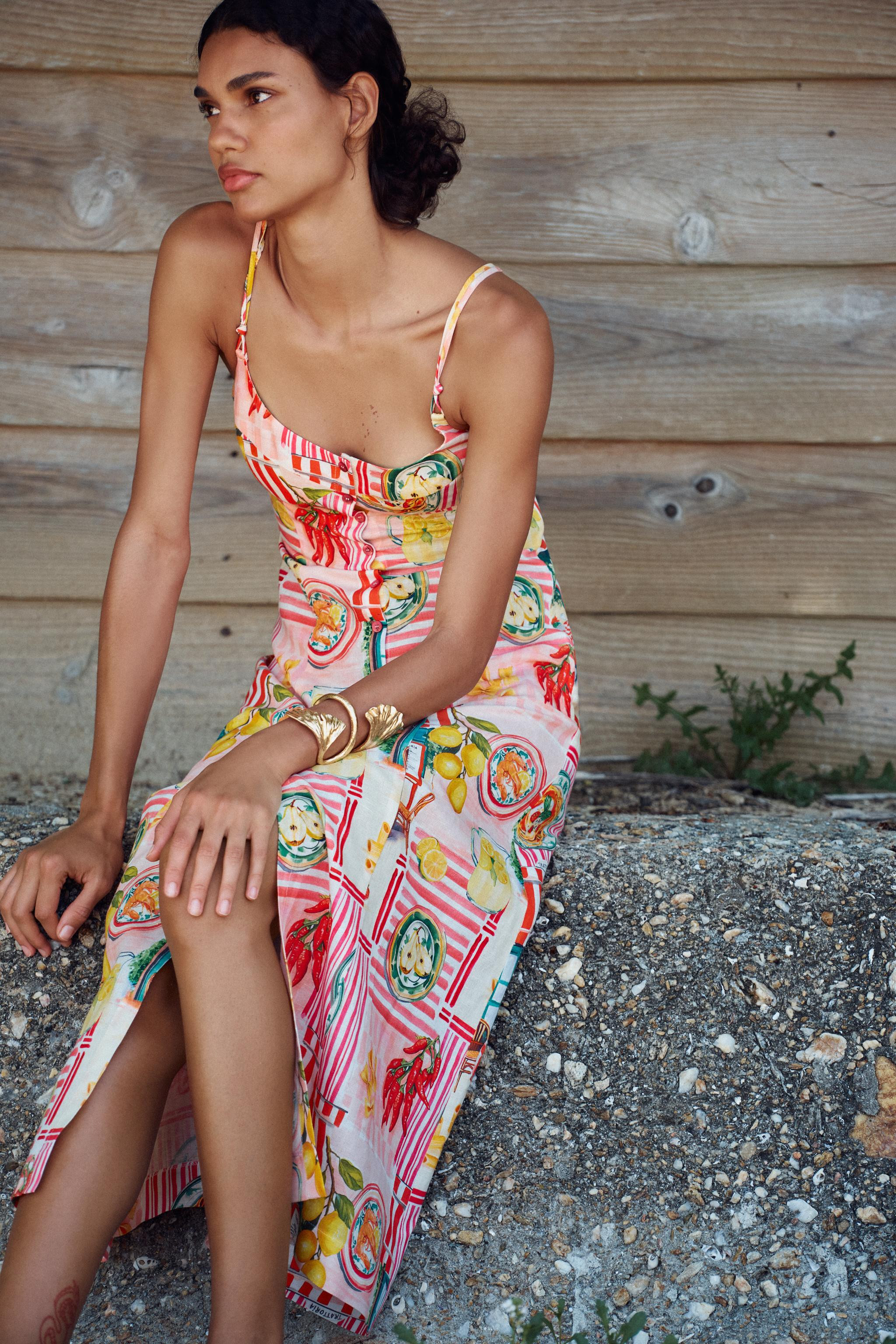 PATCHWORK PRINT LINEN MIDI DRESS | Zara US