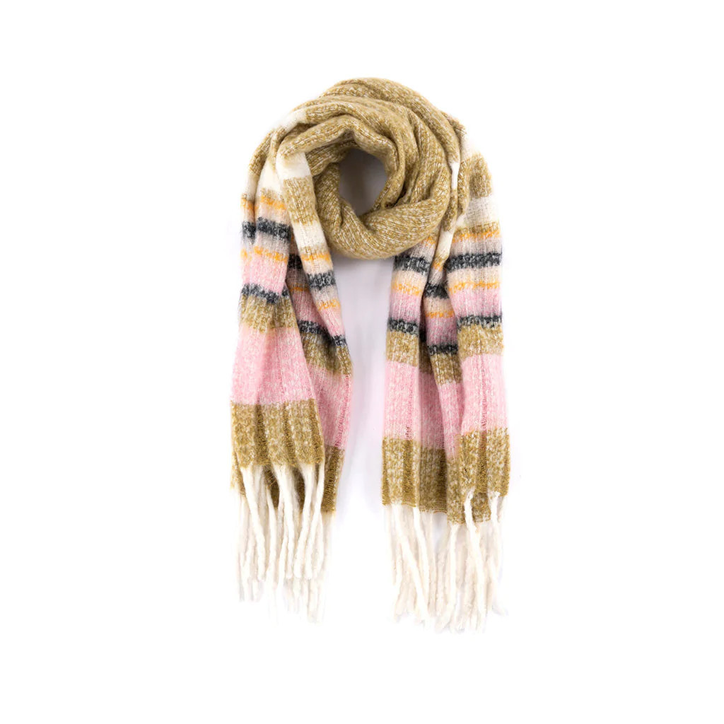 Shiraleah Rowan Stripe Winter Scarf, Sage and Pink | Shiraleah