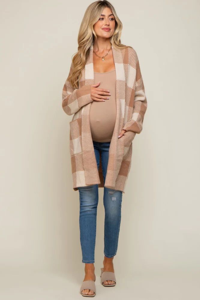 Taupe Plaid Shawl Maternity Cardigan | PinkBlush Maternity