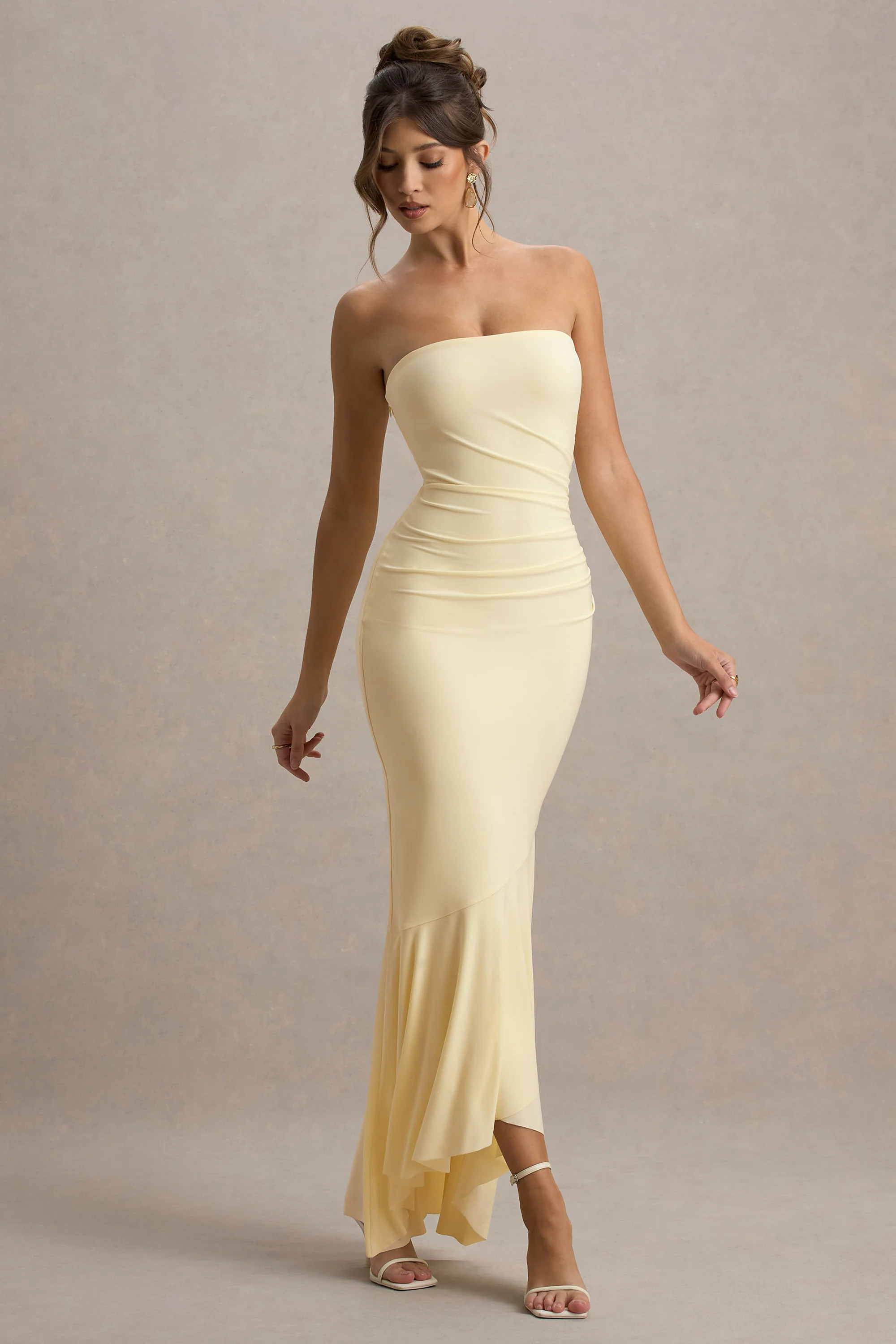 Capria | Pale Lemon Bandeau Wrap Maxi Dress | Club L London