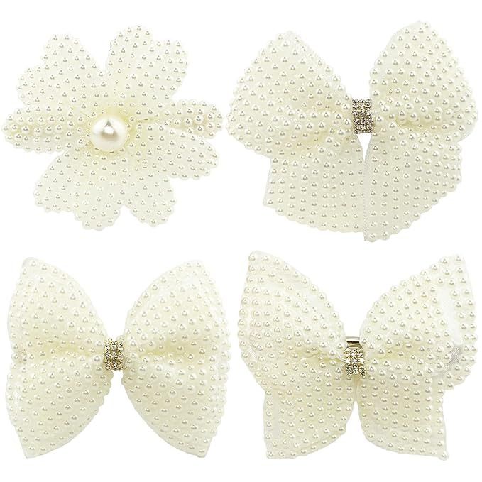 Pearls White Hair Bows for Girls, 4 Pieces Elegant Flower Rhinestone Alligator Hair Clips Beads H... | Amazon (US)