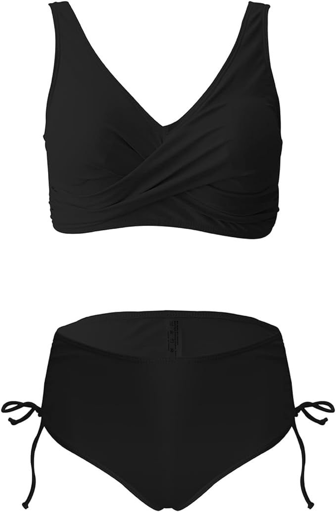 Fanuerg Women's Twist Front High Waisted Bikini Swimsuit Drawstring Tie Side Bottom Two Piece Bat... | Amazon (US)