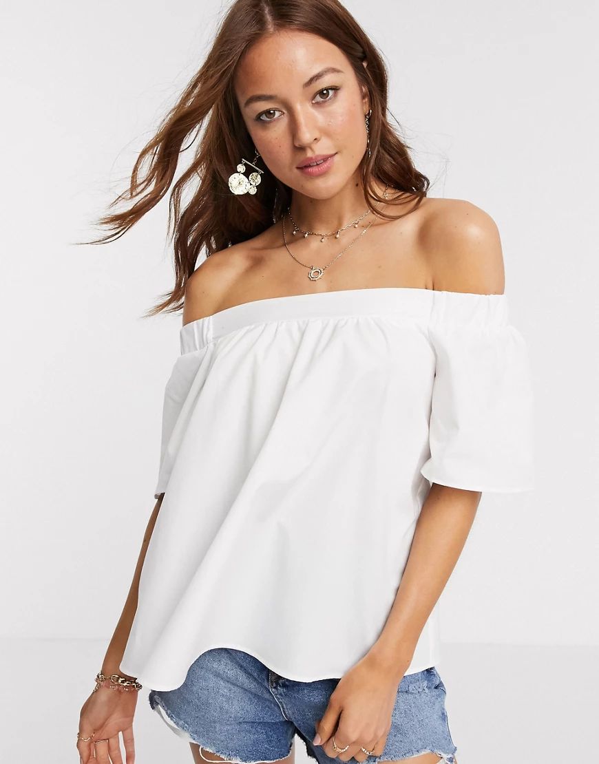 ASOS DESIGN cotton off the shoulder top in Ivory-White | ASOS (Global)