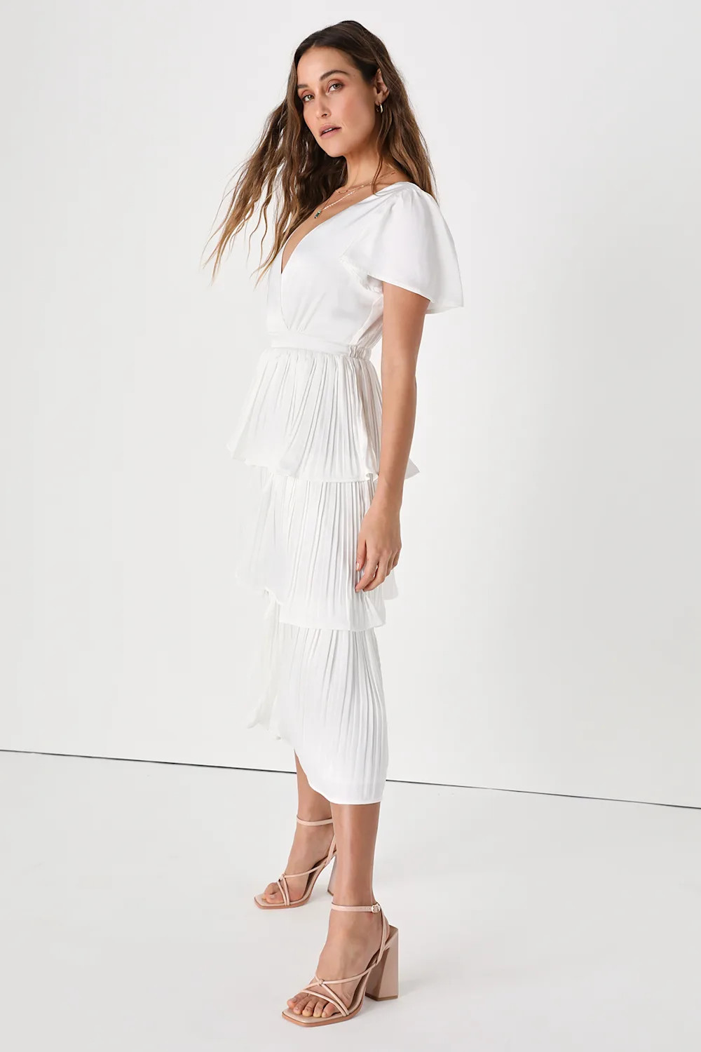 Twirl-wind Romance White Satin Tiered Midi Dress | Lulus