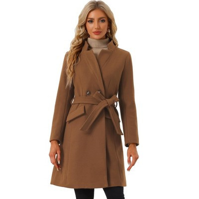 INSPIRE CHIC Women's Vintage Belted Stand Collar Winter Mid-Long Outwear Coats Brown Small | Target