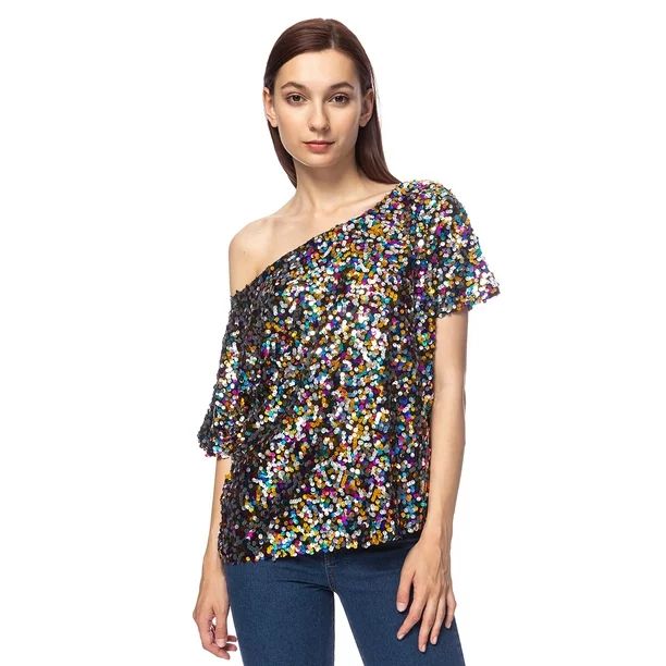 Womens Off-shoulder Sexy Blouses Loose Shirt Tops Glistening Sequin Tank Top Blouse - Walmart.com | Walmart (US)