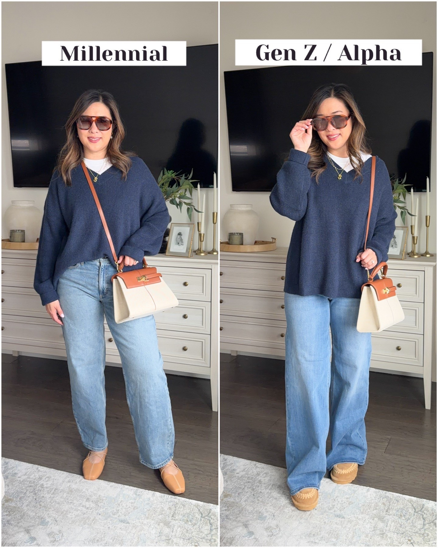 Millennial vs. Gen Z / Gen Alpha Styling 😜
Tee: Medium
V-Neck Sweater: Medium
Barrel Jeans: 8
Wide Leg Jeans: 8R
