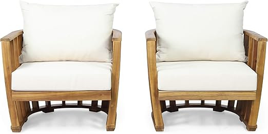 Christopher Knight Home Rapae Outdoor Acacia Wood Club Chairs with Cushions (Set 2), Teak and Cre... | Amazon (US)