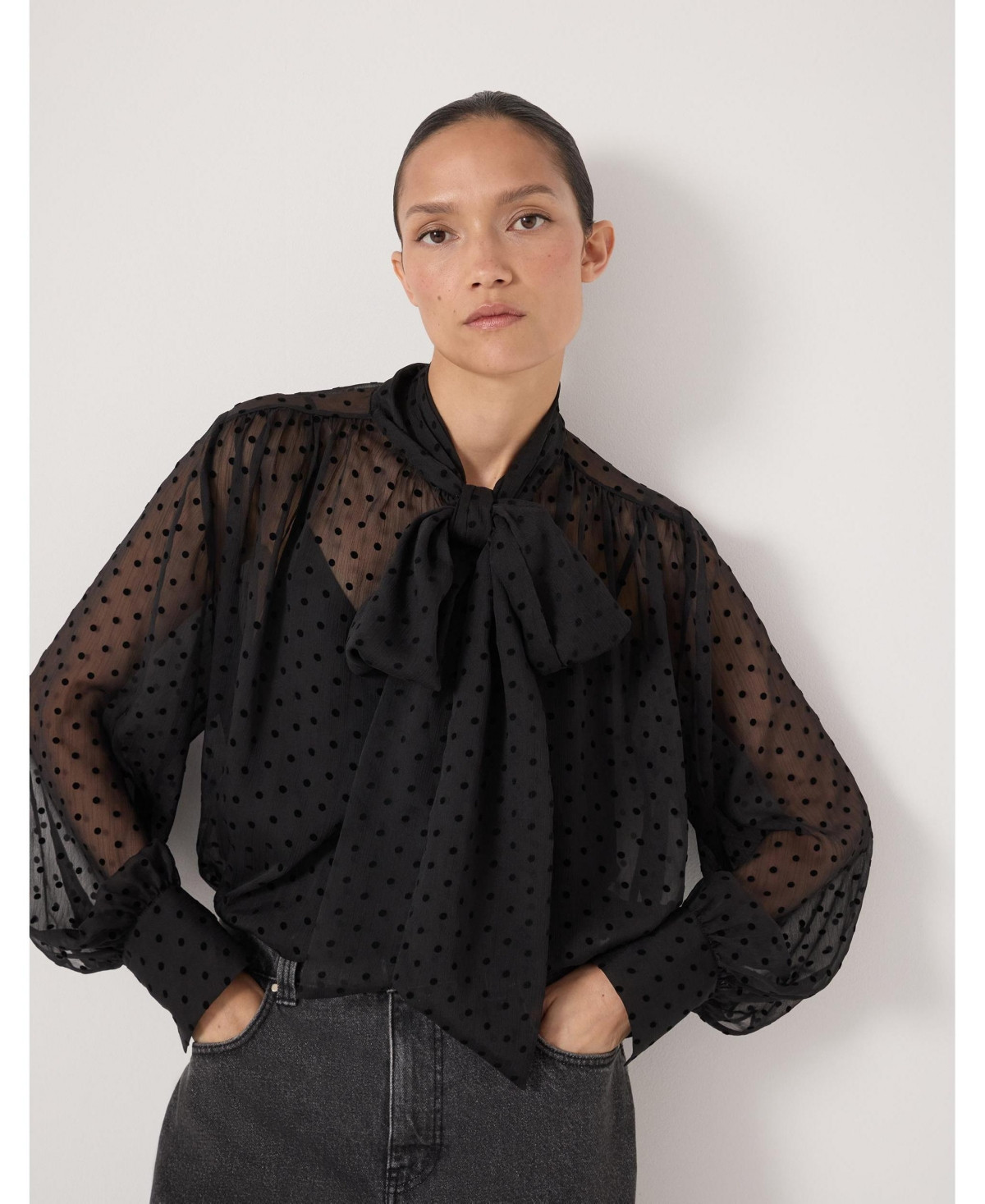 Hush Women's Tie Neck Flocked Spot Blouse - Black | Macy's