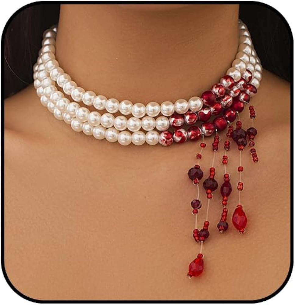 Gothic Bloody Pearl Necklace for Women Punk Blood Tassel Necklace Vampire Choker Necklaces Hallow... | Amazon (US)