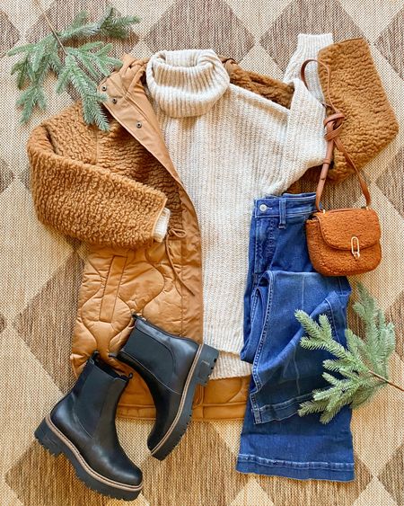 Winter outfit. Sherpa jacket. Oversized sweater. Flare jeans. Boots. 

#LTKGiftGuide #LTKHoliday #LTKSeasonal
