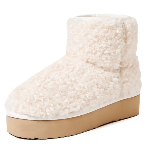 AUSLAND Women‘s Platform Faux Fur Winter Sonw Ankle Boots Fleece Lined Warm Comfortable Outdoor Anti-Slip Boots 9358 White 9.5US/40EU | Amazon (US)