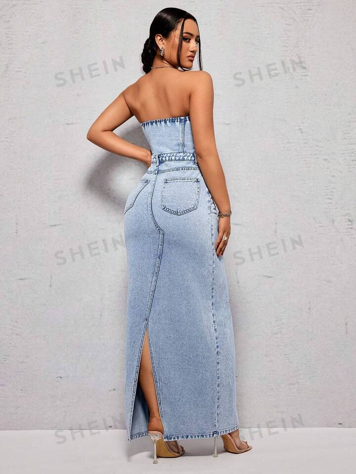 SHEIN ICON Strapless High Slit Denim Dress With Stone Wash | SHEIN
