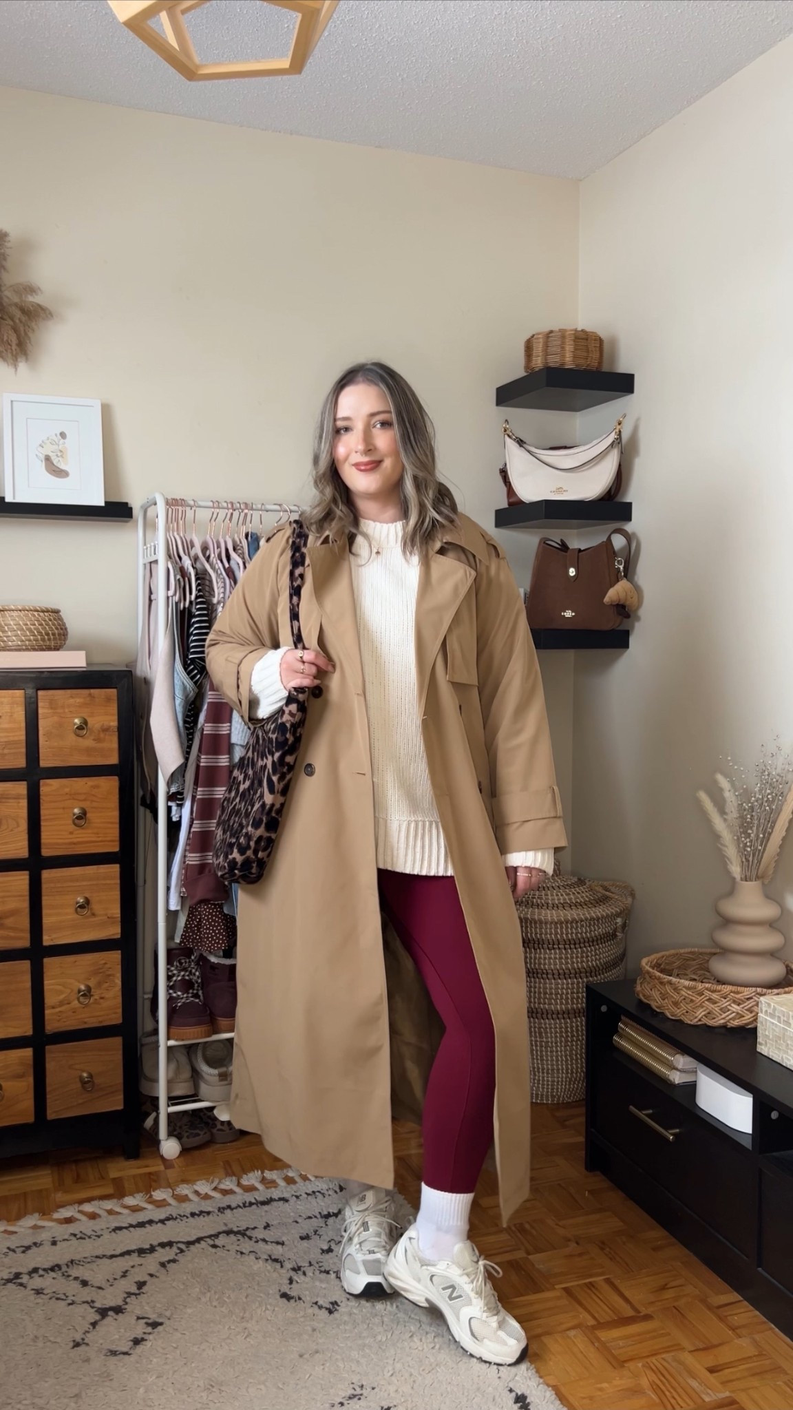 Comfy casual winter outfit! Wearing my usual size L in the chenille sweater (incredibly soft!), burgundy leggings, and classic trench coat. New Balance sneakers are super comfy and great for walking. They run big, I’m usually a 9.5-10 and wear a 9. Leopard print tote bag is an Amazon find!


#LTKmidsize #LTKsale #LTKwinter